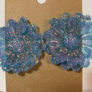 Handmade epoxy resin large flower earrings-light blue glitter w/ rosegold flecks